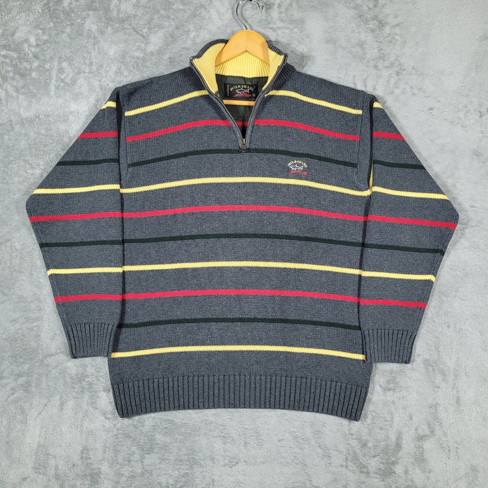 Vintage Paul & Shark Sweater Men XXL Gray Yachting 1/4 Zip Striped Pullover Knit